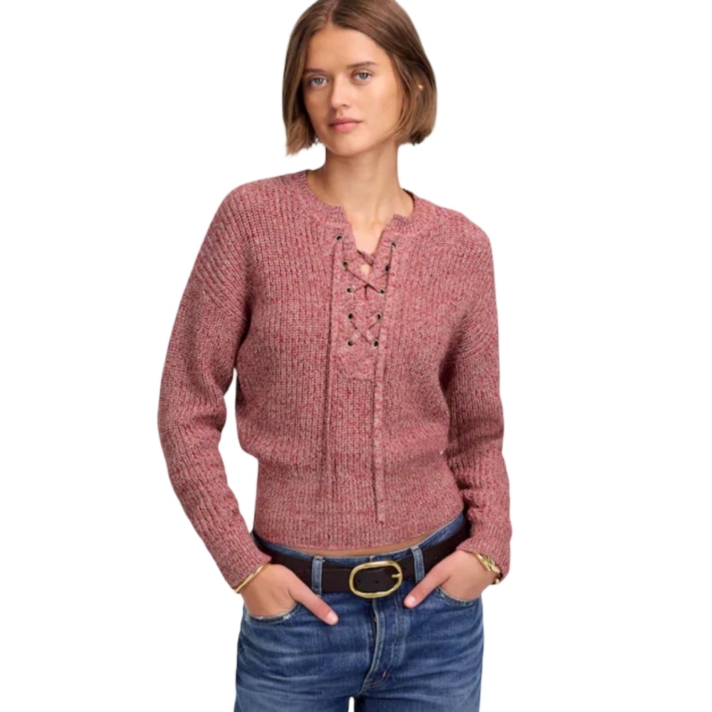 Madewell Marled Ribbed Lace Up Cotton Sweater Size Medium NWT Red
